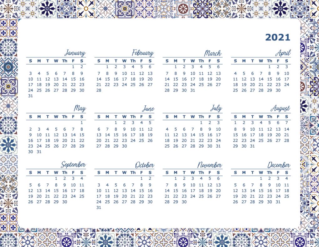 Printable Azulejos Happy Planner Calendar 2021