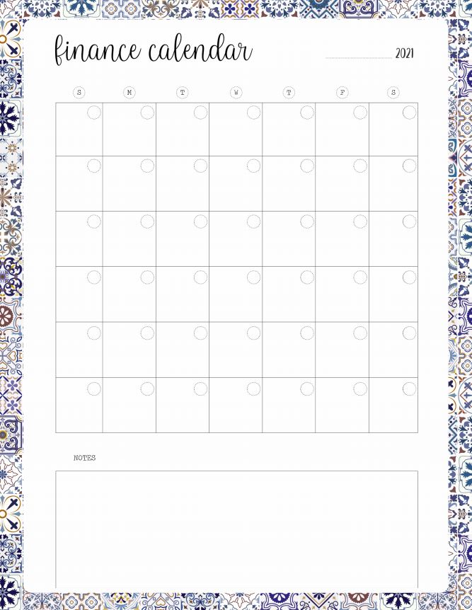 Azulejos Monthly Finance Calendar Planner