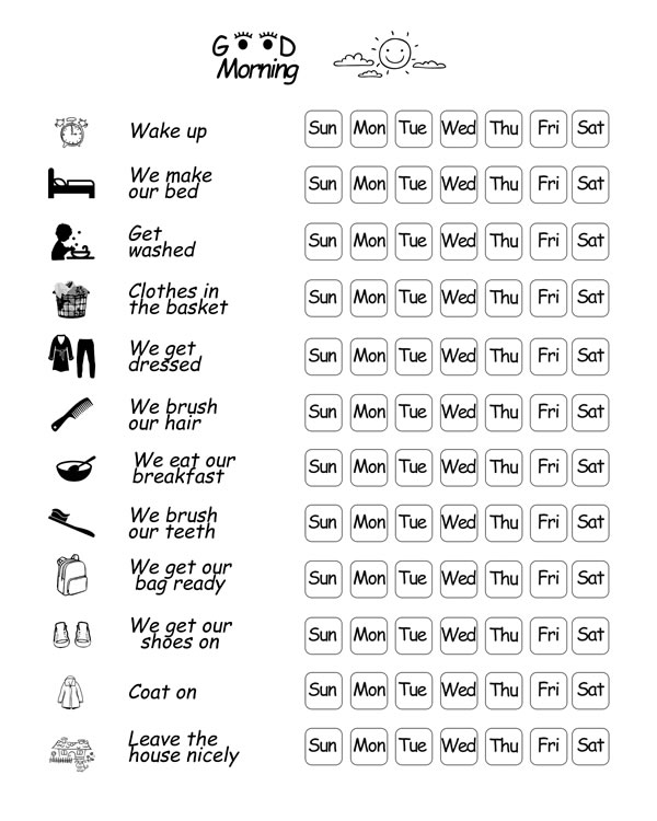 Morning, weekly routine Charts, visual schedule, kids checklist, family organisation, kids planner