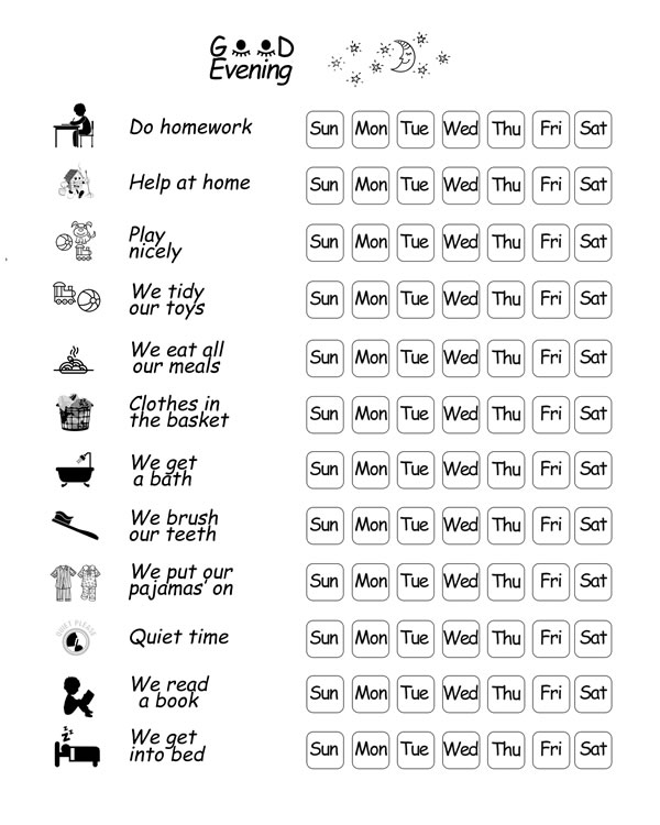 Evening, weekly routine Charts, visual schedule, kids checklist, family organisation, kids planner