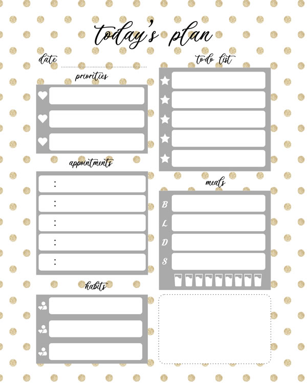 printable Daily Planner - Glitter Polka dots, Gold and metallic glitter color - A4 and US Letter Planner, HD pdf, Instant Download