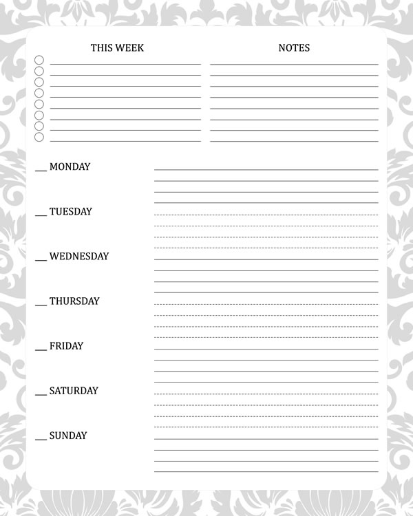 Damask gray Printable Weekly Planner Work, A4 and US Letter Planner, Insert Printable Planner, Instant Download