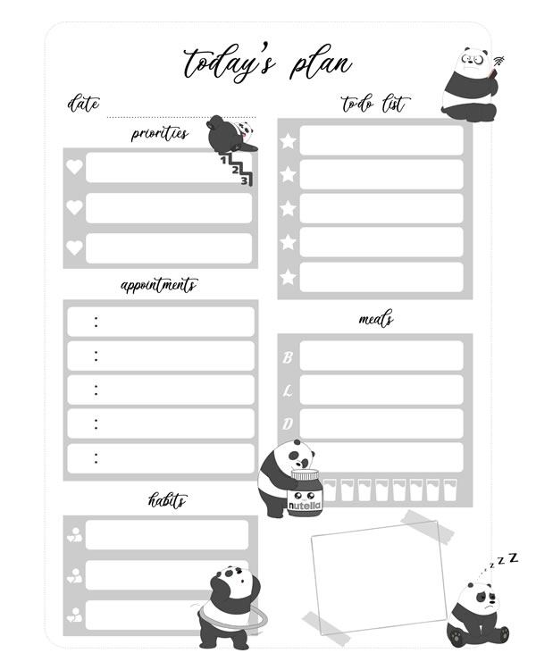 Funny Panda Printable Daily Planner Work, A4 and US Letter Planner, Insert Printable Planner, Instant Download