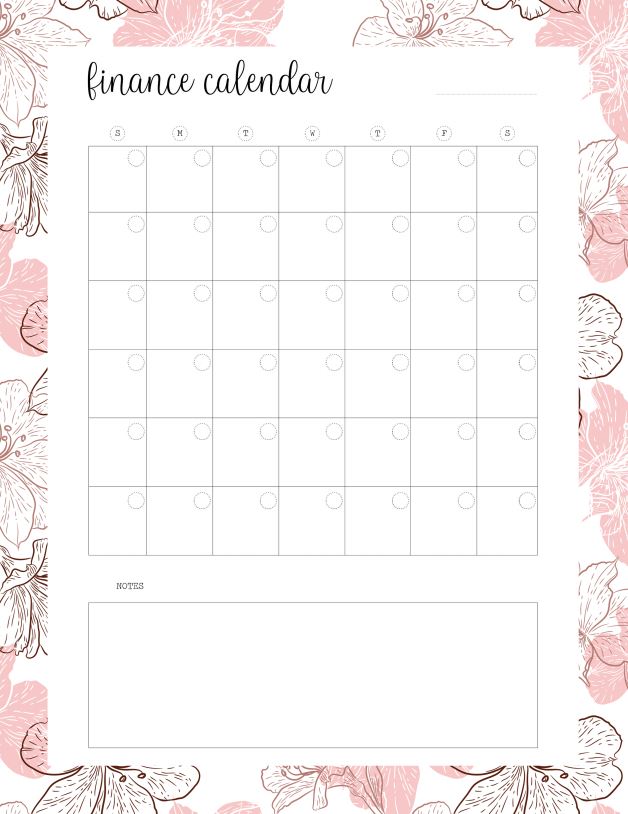 Pink Flowers Monthly Finance Calendar Planner