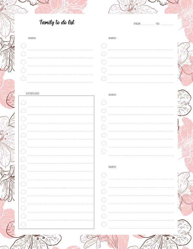 Pink Flowers Family To Do List Planner
