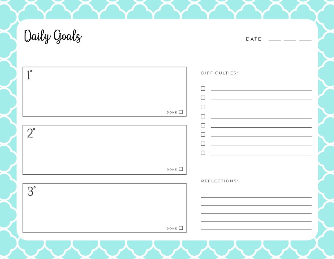 Printable Turquoise Daily Goals Planner Work Organizer, A4 and US Letter Planner, Insert Printable Planner, Instant Download