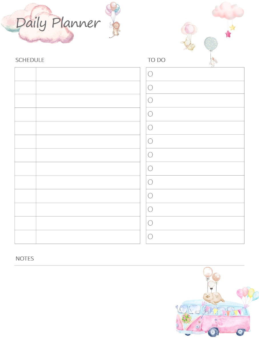 Watercolor Animals and Baloons Printable Daily Planner Work, A4 and US Letter Planner, Insert Printable Planner, Instant Download