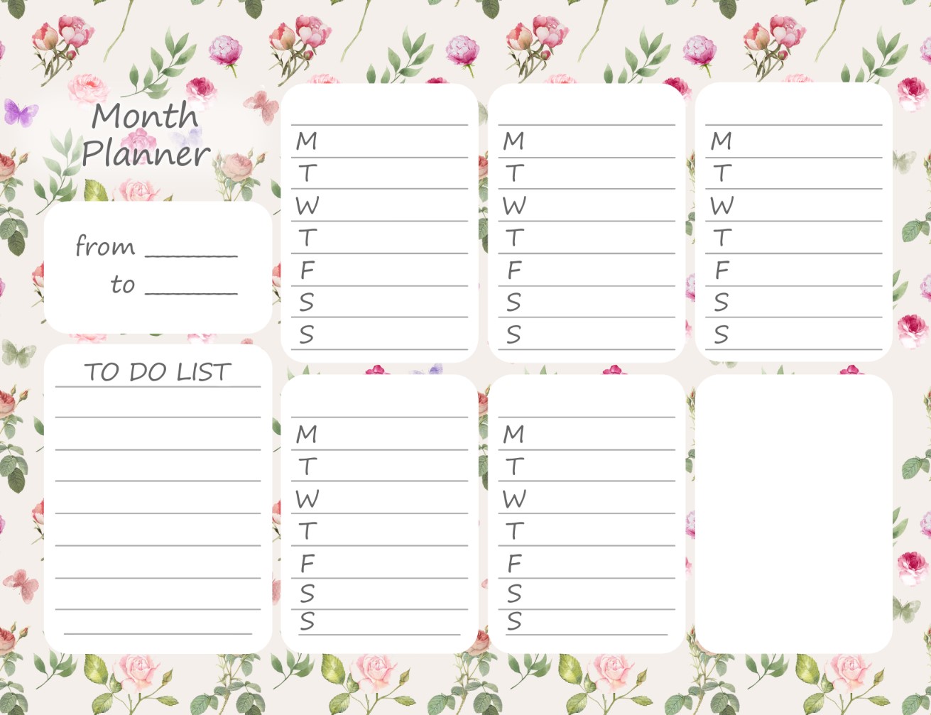 Printable Roses Monthly Planner