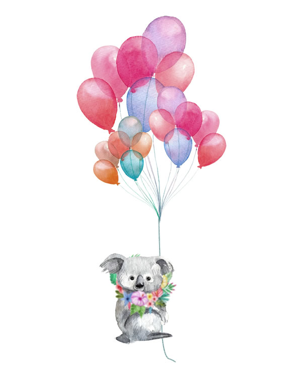 Printable Koala with colorful balloon flies Print Wall Art (DIY, instant download)