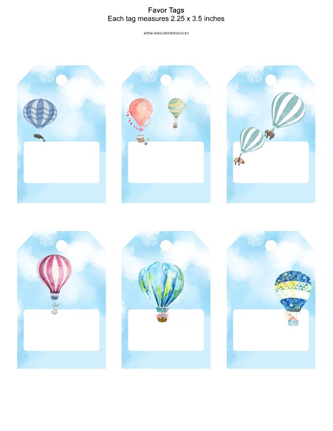 Watercolors Hot Air Balloon Favor Tags with animals