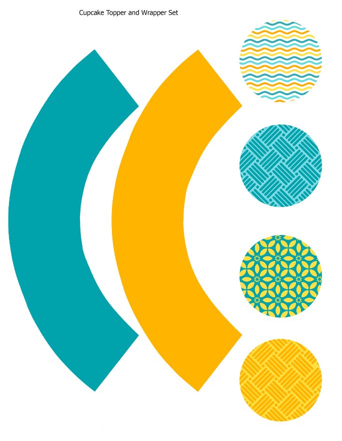 Cupcake topper and wrapper Turquoise yellow orange geometric set