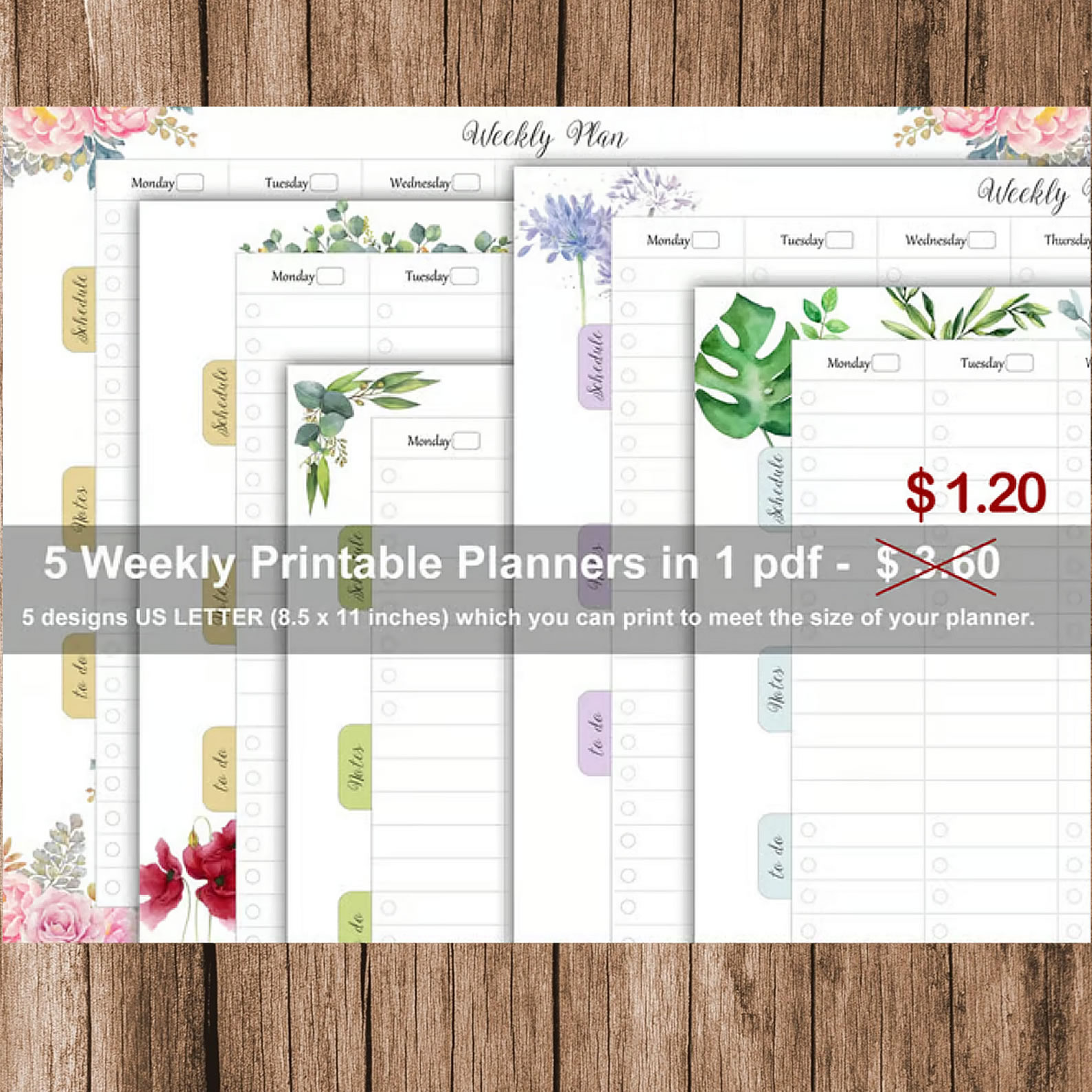 5 Weekly Printable Planners in 1 pdf